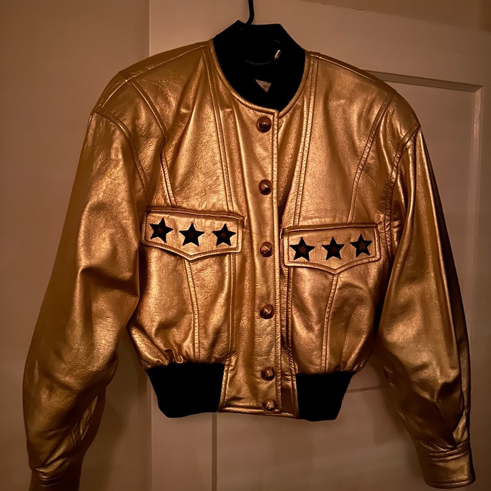 Escada Vintage Gold Leather Star-embellished Women's Bomber Jacket sz 42